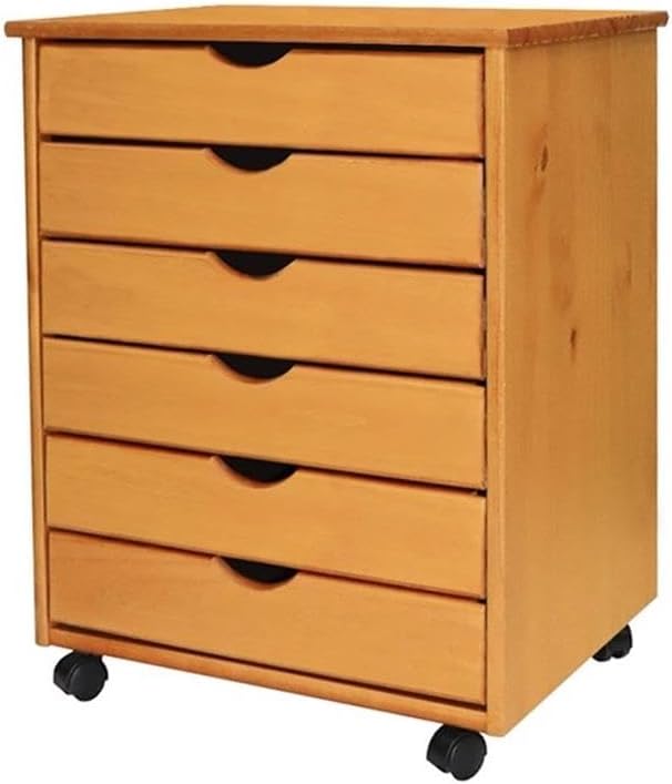 Pemberly Row Solid Wood 6-Drawer Roll Utility Cart, 15.35x20.75x25.43 in, Med Pine Finish, Smooth Mobility Casters, Compact Storage Organizer for Home Office, Kitchen, or Craft Room