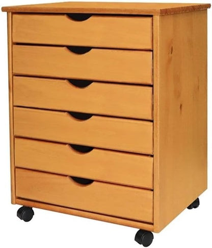 Pemberly Row Solid Wood 6-Drawer Roll Utility Cart, 15.35x20.75x25.43 in, Med Pine Finish, Smooth Mobility Casters, Compact Storage Organizer for Home Office, Kitchen, or Craft Room