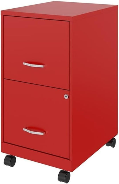 Pemberly Row 2-Drawer Metal Vertical Filing Cabinet, 18 in Depth, Red Finish, Lockable Mobile Office Storage with High-Side Drawers, Easy Roll Casters, Fits Under Desk, Letter Size Hanging Files