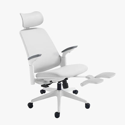 Sunaofe Boss Pro Leather Ergonomic Office Chair with Footrest - Executive Chair, 4D Armrests, Adaptive Lumbar, 125° Recline, 300lb Capacity, 5-Year Warranty White Frame/Greyish