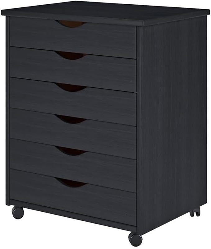 Pemberly Row Modern Solid Wood 6-Drawer Utility Cart, Black Finish, 15.35" L x 20.75" W x 25.43" H, Eco-Friendly Rolling Storage for Office, Craft Room, Kitchen or Home Use
