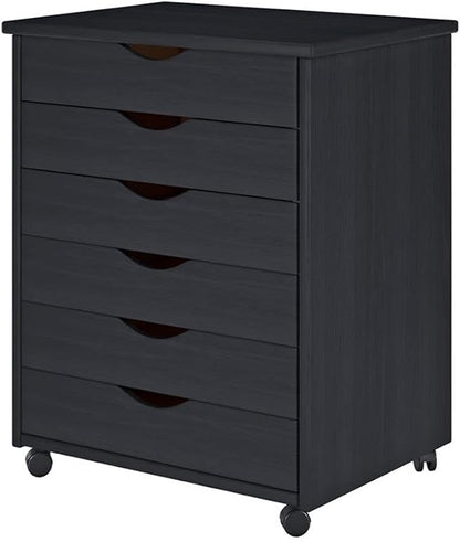 Pemberly Row Modern Solid Wood 6-Drawer Utility Cart, Black Finish, 15.35" L x 20.75" W x 25.43" H, Eco-Friendly Rolling Storage for Office, Craft Room, Kitchen or Home Use