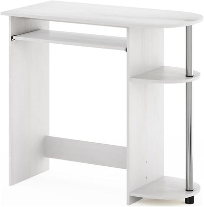 Pemberly Row Computer Desk, 31.5 in Wide, Composite Wood and Stainless Steel Tubes, White Finish, Pull-Out Keyboard Drawer, Dual Shelves, Compact Home Office or Bedroom Workspace
