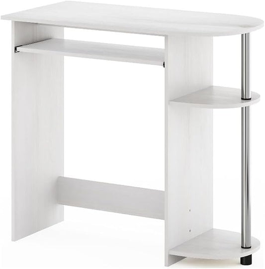 Pemberly Row Computer Desk, 31.5 in Wide, Composite Wood and Stainless Steel Tubes, White Finish, Pull-Out Keyboard Drawer, Dual Shelves, Compact Home Office or Bedroom Workspace