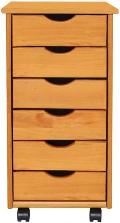 Pemberly Row Modern Solid Wood 6-Drawer Roll Utility Cart, Med Pine Finish, 15.25 x 13.25 x 25.75 in, Compact Mobile Storage with Casters, Removable Drawers, Home Office or Craft Room Organization