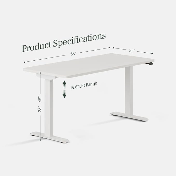 Branch Duo Standing Desk 58 Inches - Adjustable Standing Desk with 20” Range - OLED Control Panel - Frameless Design & Compact Size Suitable for Many Spaces - White Top - White Base