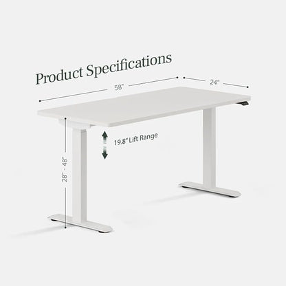 Branch Duo Standing Desk 58 Inches - Adjustable Standing Desk with 20” Range - OLED Control Panel - Frameless Design & Compact Size Suitable for Many Spaces - White Top - White Base