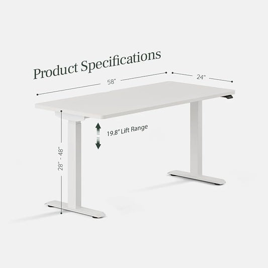Branch Duo Standing Desk 58 Inches - Adjustable Standing Desk with 20” Range - OLED Control Panel - Frameless Design & Compact Size Suitable for Many Spaces - White Top - White Base