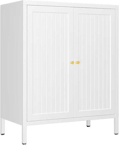 Metal Accent Storage Cabinet for Home, LivingRoom, Office,Kitchen- Metal Locker Cabinet with 1 Adjustable Shelves-Bathroom Floor Storage Cabinet Freestanding Organizer(Stripe Door, White)