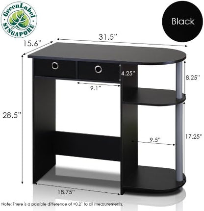 Furinno GO GREEN Desk, 31.5" Wide Gaming Desk with 2 Side Shelves and Storage Bins, Computer Desk, Office Desk for Home Office, Study Room, Dorm, Bedroom, Black