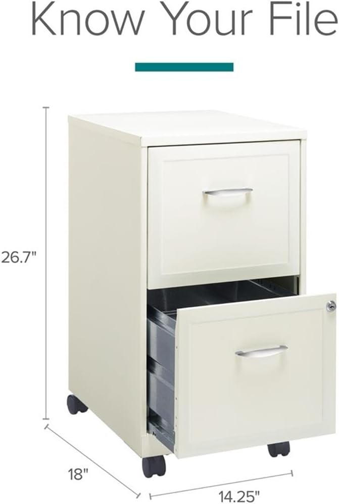 Pemberly Row 18" 2-Drawer Mobile Metal Filing Cabinet, Pearl White Finish, 26.7" H x 14.25" W x 18" D, Lockable Design with Casters, Home Office Storage Organizer for Letter-Size Hanging Files