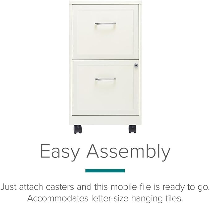 Pemberly Row 18" 2-Drawer Mobile Metal Filing Cabinet, Pearl White Finish, 26.7" H x 14.25" W x 18" D, Lockable Design with Casters, Home Office Storage Organizer for Letter-Size Hanging Files