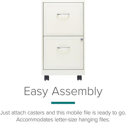 Pemberly Row 18" 2-Drawer Mobile Metal Filing Cabinet, Pearl White Finish, 26.7" H x 14.25" W x 18" D, Lockable Design with Casters, Home Office Storage Organizer for Letter-Size Hanging Files