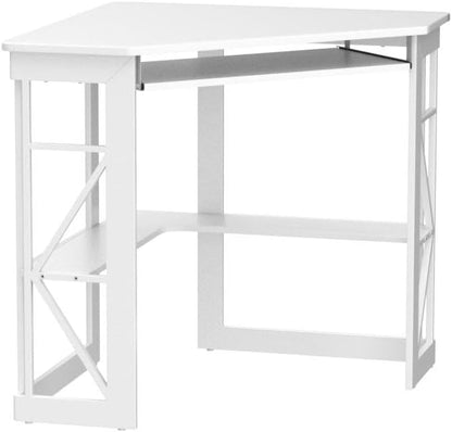 VECELO Corner Desk Computer Desk Writing Table with Smooth Keyboard Tray & Storage Shelves,Compact Home Office Triangle Table,White