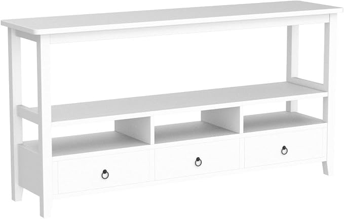 Karl home Console Table with 3 Bottom Drawers, 57.9" W Sofa Side Table Entryway Desk with 3 Storage Cubbies 1 Open Shelf, Vintage TV Stand for Hallway Living Room Office, White 29.9" H