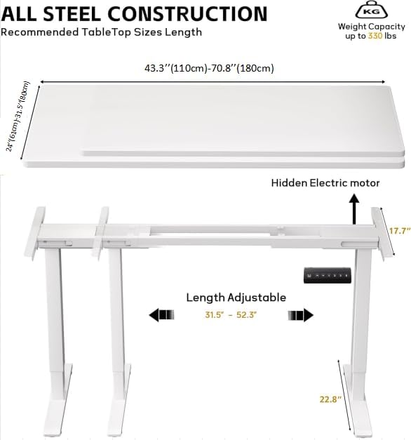 GallopFun 330lbs Dual Motor Standing Desk Frame for 43.3 to 70.8″ Desktop, Electric Adjustable Legs with Memory Presets, Stand Up Desk Frame Workstation for Home Office, White Frame Only