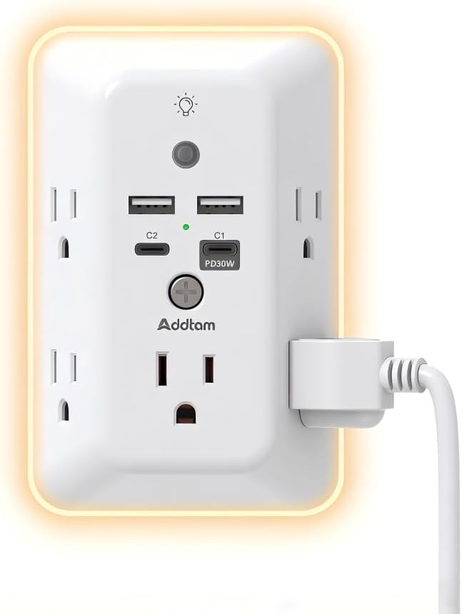 Addtam Surge Protector Outlet Extender, Plug Extension Outlet with Night Light, 5-Outlet Splitter and 4 USB Ports(PD 30W), Multi Plug Wall Outlet for Home Office Dorm Room Essentials