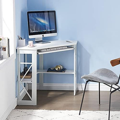 VECELO Corner Desk Computer Desk Writing Table with Smooth Keyboard Tray & Storage Shelves,Compact Home Office Triangle Table,White