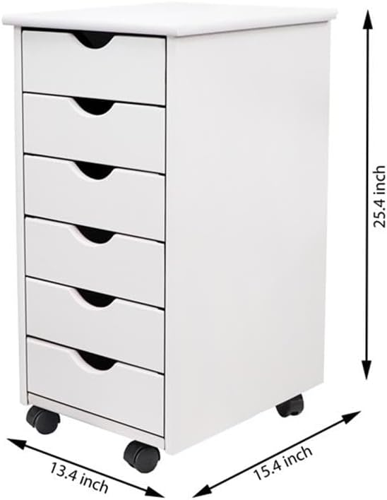 Pemberly Row Modern Solid Wood 6-Drawer Roll Utility Cart, White Finish, Compact Design with Casters, Durable Pine Construction, Mobile Storage for Office, Dorm, Craft Room or Small Spaces