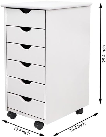 Pemberly Row Modern Solid Wood 6-Drawer Roll Utility Cart, White Finish, Compact Design with Casters, Durable Pine Construction, Mobile Storage for Office, Dorm, Craft Room or Small Spaces