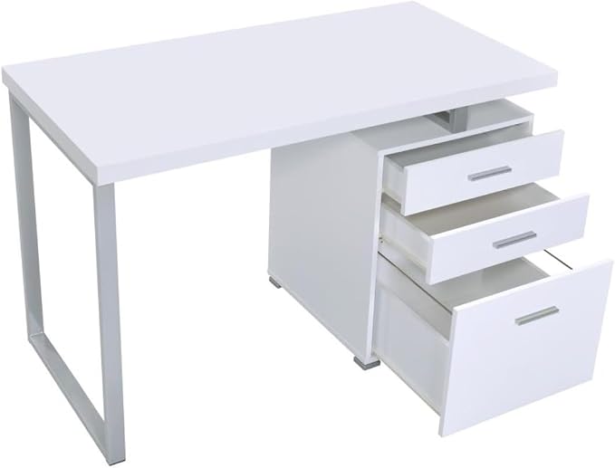 CARTESIAN Modern Reversible Computer Desk with 3 Drawers, 47.25W x 23.5D x 30H inches, White and Silver Metal Frame, File Cabinet Storage