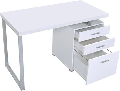 CARTESIAN Modern Reversible Computer Desk with 3 Drawers, 47.25W x 23.5D x 30H inches, White and Silver Metal Frame, File Cabinet Storage