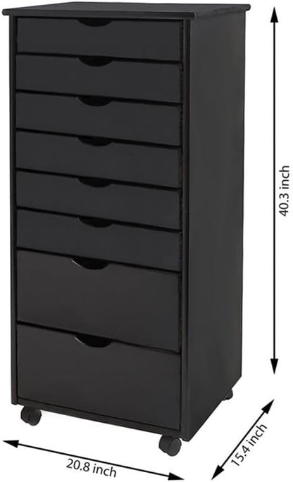 Pemberly Row Solid Wood Roll Utility Cart, Black Finish, 8 Drawers, Compact Design with Casters, Durable Modern Storage for Home, Office, Craft or Project Room