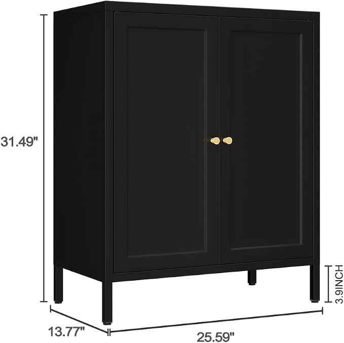 2 Door Metal Storage Cabinet-Small Bathroom Storage Cabinet with 1 Adjustable Shelf,Metal Freestanding Sideboard for Home Office, Living Room, Hallway, Entryway(Square Door, Black)