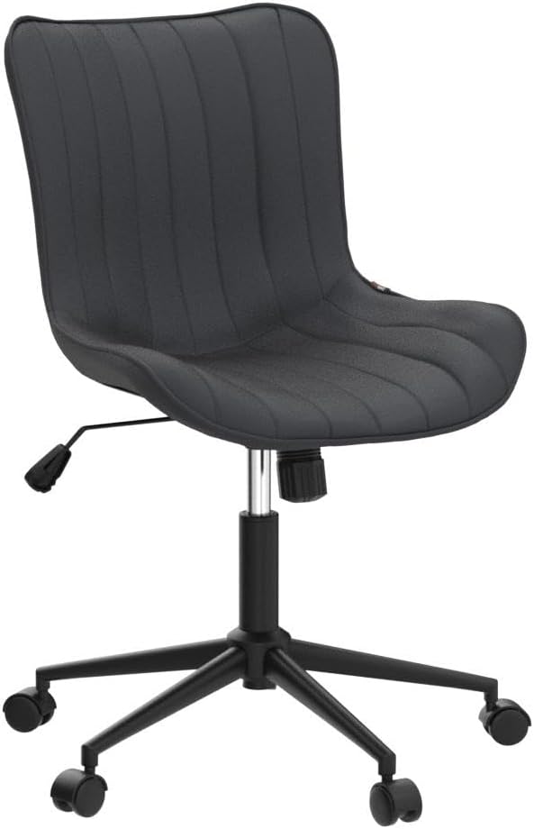 YOUNIKE Black Office Desk Chair with Wheels Comfy Armless Small Vanity Chair with Adjustable Rocking Back Modern Leather Upholstered Rolling Task Computer Chair Cute Swivel Drafting Chair Compact