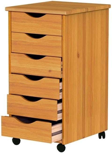 Pemberly Row Modern Solid Wood 6-Drawer Roll Utility Cart, Med Pine Finish, 15.25 x 13.25 x 25.75 in, Compact Mobile Storage with Casters, Removable Drawers, Home Office or Craft Room Organization
