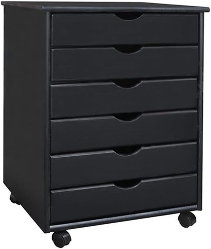 Pemberly Row Modern Solid Wood 6-Drawer Utility Cart, Black Finish, 15.35" L x 20.75" W x 25.43" H, Eco-Friendly Rolling Storage for Office, Craft Room, Kitchen or Home Use