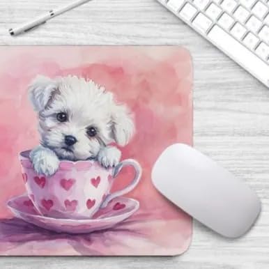TUBBIE Basic Mousepad Puppy in Tea Cup Mouse Pad Desktop Laptop Computer Accessories Home Office Gaming Work Desk Computer Non-Slip Rubber Gift for Dogs Lover Mousepad Coffee or Tea (Bichon Frise)