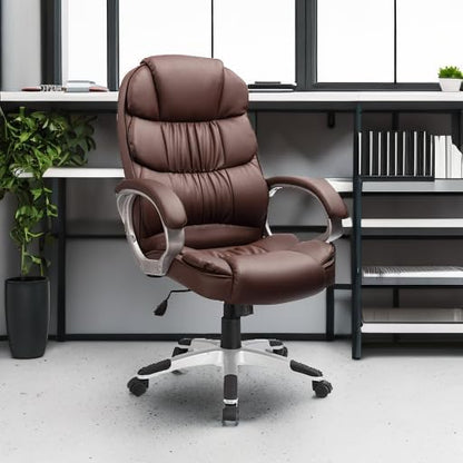 Furmax Leather High Back Office Chair Ergonomic Executive Office Chair Swivel Computer Desk Chair Lumbar Support Soft Cushioned Padded Arms (Brown)