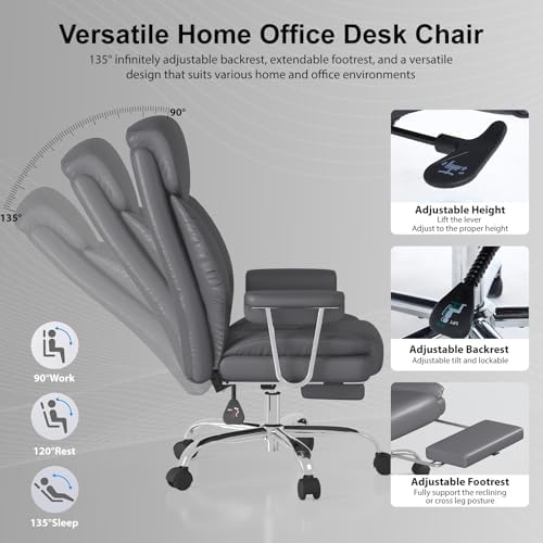 Big and Tall Office Chair, Executive Home Office Desk Chair, Comfy Leather High-Back Reclining Computer Chair with Retractable Footrest and Padded Arms, 360°Swivel Rolling Wheels, Wide Seat, Gray
