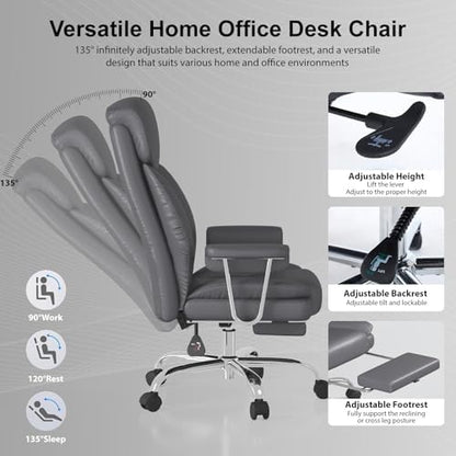 Big and Tall Office Chair, Executive Home Office Desk Chair, Comfy Leather High-Back Reclining Computer Chair with Retractable Footrest and Padded Arms, 360°Swivel Rolling Wheels, Wide Seat, Gray