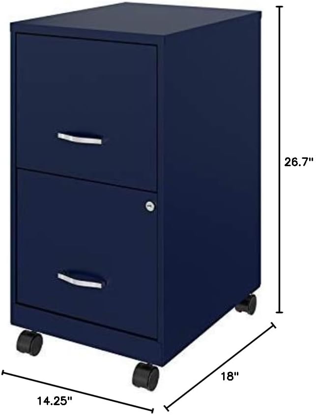 Pemberly Row 18" 2-Drawer Mobile Metal Filing Cabinet, Navy Finish, Painted Steel, Lockable High-Side Drawers, Smooth Glide Wheels, Compact Vertical Design for Home or Office Organization
