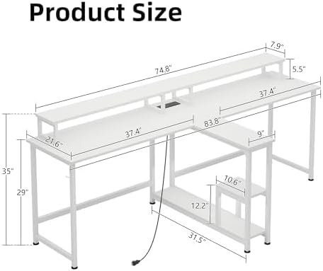 Mexin Double Desk for Two People - 83.7 Inch 2 Person Desk with Storage Shelves and Power Outlets, Home Office Desk with Monitor Stand, Long Gaming Desk, Large Workstation, White