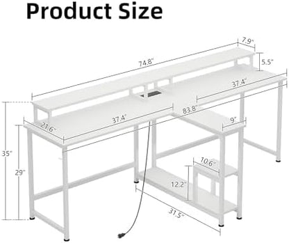 Mexin Double Desk for Two People - 83.7 Inch 2 Person Desk with Storage Shelves and Power Outlets, Home Office Desk with Monitor Stand, Long Gaming Desk, Large Workstation, White