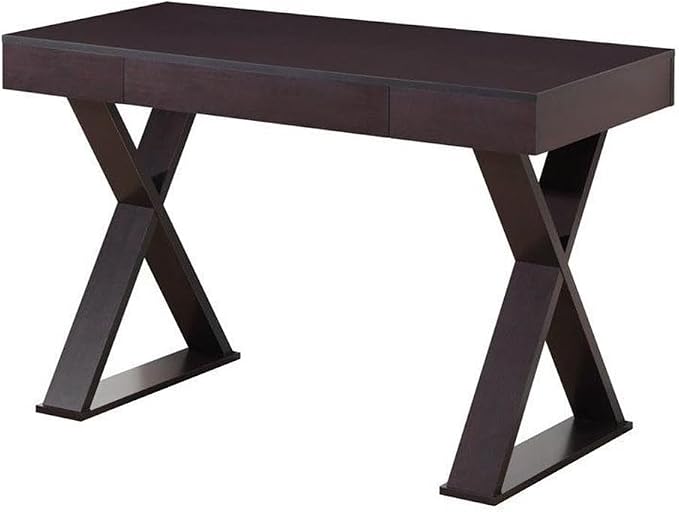 Pemberly Row Writing Desk with Drawer, Espresso Finish, Heavy-Duty Particle Board, Moisture Resistant Laminate, Geometric X-Shaped Legs, Ultra Modern Style, Compact Workspace Furniture for Home or