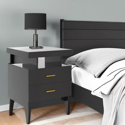 HNEBC Auto LED Nightstand with Wireless Charging Station & USB Ports,High Gloss Bedside Tables with 2 Drawers,Floating Nightstand with 3 Color & Adjustable Brightness for Bedroom,Black