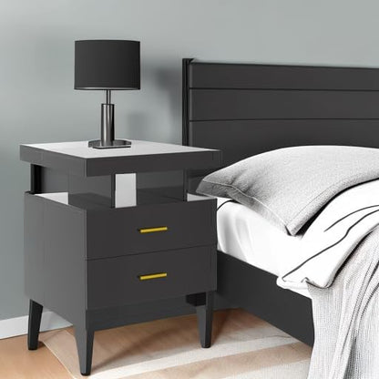 HNEBC Auto LED Nightstand with Wireless Charging Station & USB Ports,High Gloss Bedside Tables with 2 Drawers,Floating Nightstand with 3 Color & Adjustable Brightness for Bedroom,Black
