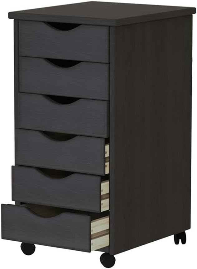 Pemberly Row Modern Solid Wood 6-Drawer Roll Utility Cart, Black Finish, L 15.25 x W 13.25 x H 25.75 in, Durable Pine Wood, Mobile Storage for Home Office, Crafts, Kitchen, Compact & Spacious Design