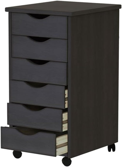 Pemberly Row Modern Solid Wood 6-Drawer Roll Utility Cart, Black Finish, L 15.25 x W 13.25 x H 25.75 in, Durable Pine Wood, Mobile Storage for Home Office, Crafts, Kitchen, Compact & Spacious Design