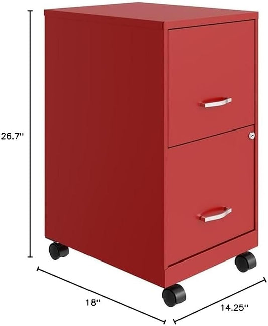 Pemberly Row 2-Drawer Metal Vertical Filing Cabinet, 18 in Depth, Red Finish, Lockable Mobile Office Storage with High-Side Drawers, Easy Roll Casters, Fits Under Desk, Letter Size Hanging Files