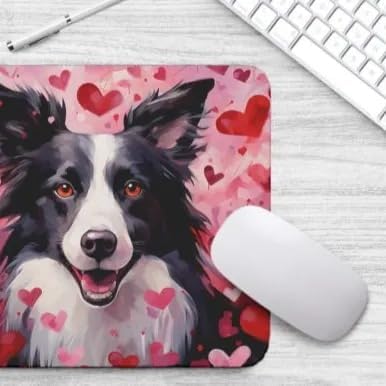 Border Collie Mouse Pad Dog with Red Hearts Pattern Non-Slip Rubber Mouse Pad Puppy in Love Mouse Pad for Home Office Work Desk Computer Desktop Laptop for Dog Lovers
