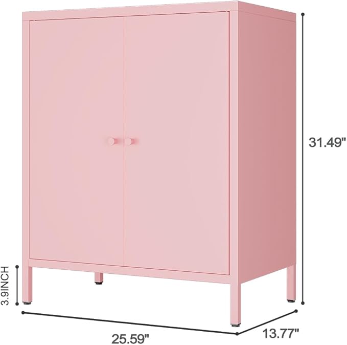 2 Door Metal Accent Storage Cabinet for Home, Living Room,Office Room,Kitchen-Metal Locker Cabinet with 1 Adjustable Shelves-2-Tier (Small 2 Door Cabinet, Pink)