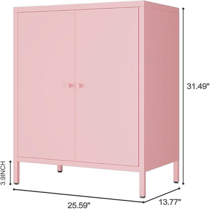 2 Door Metal Accent Storage Cabinet for Home, Living Room,Office Room,Kitchen-Metal Locker Cabinet with 1 Adjustable Shelves-2-Tier (Small 2 Door Cabinet, Pink)
