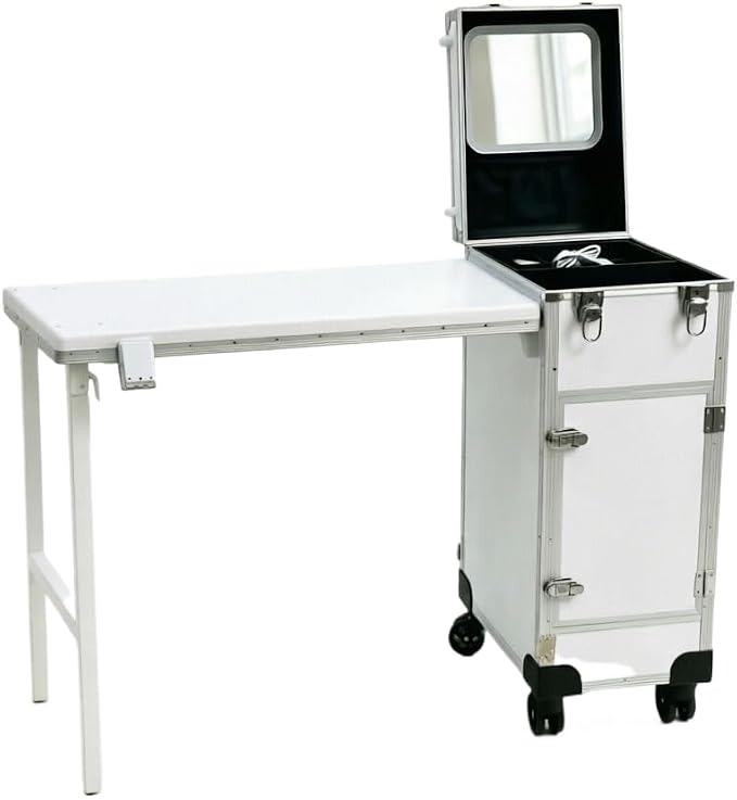 Portable Manicure Table with Storage – Travel Nail Desk | 360° Swivel Wheels Rolling Case, Professional Mobile Salon Station, Cosmetic Makeup Organizer Cart for Tech On the Go