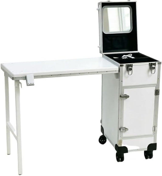 Portable Manicure Table with Storage – Travel Nail Desk | 360° Swivel Wheels Rolling Case, Professional Mobile Salon Station, Cosmetic Makeup Organizer Cart for Tech On the Go