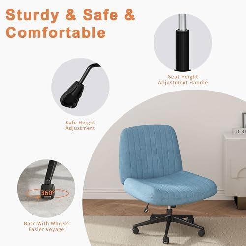 Shintenchi Criss Cross Chair,Cross Legged Office Seat with Wheels Armless Swivel Vanity Chair,Height Adjustable Wide Computer Task Seating for Home Office,Blue ﻿